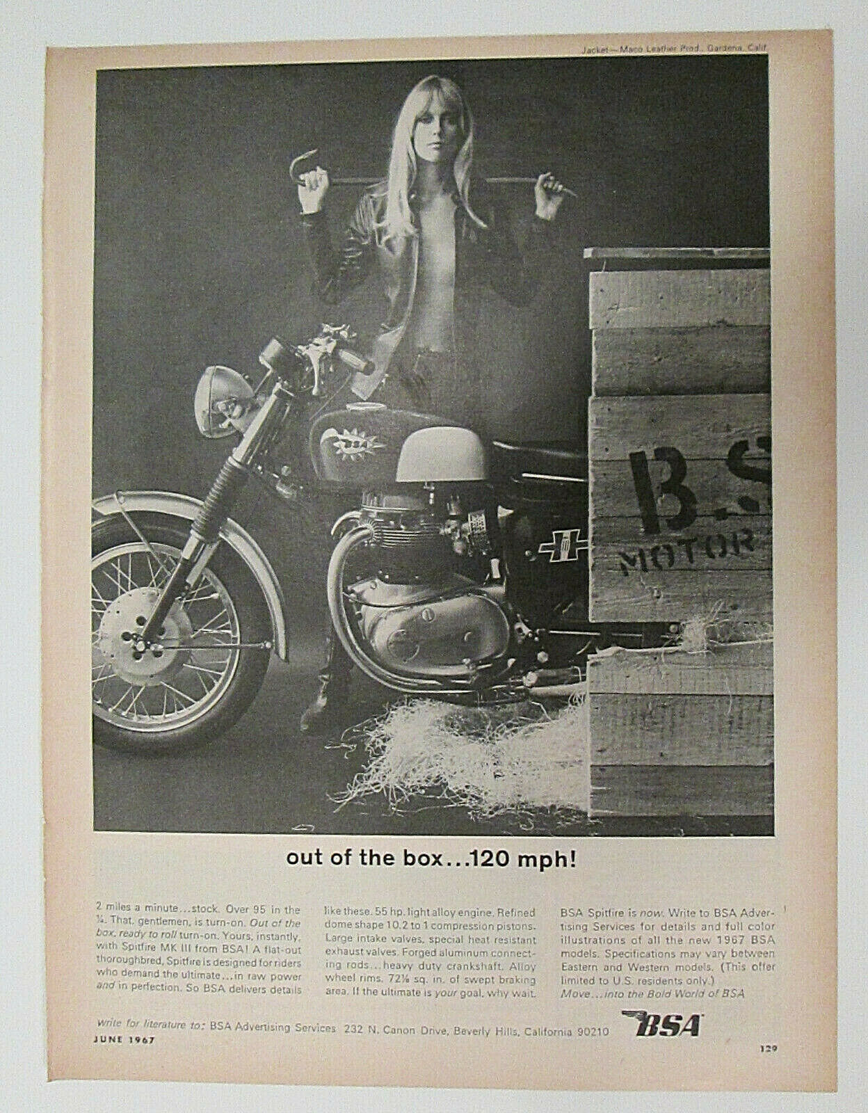 Vtg 1967 Bsa Spitfire Mkiii Motorcycle Print Magazine Ad Bikers Riders