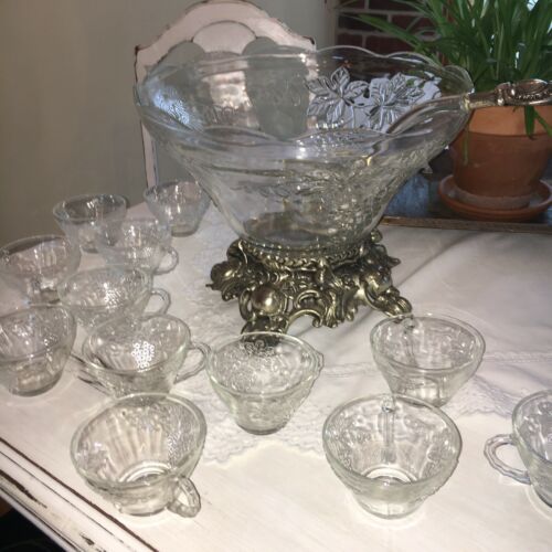 Vintage  Glass and Silver Plated Base Punch Bowl and 12 Glass Cups In Grape Pat