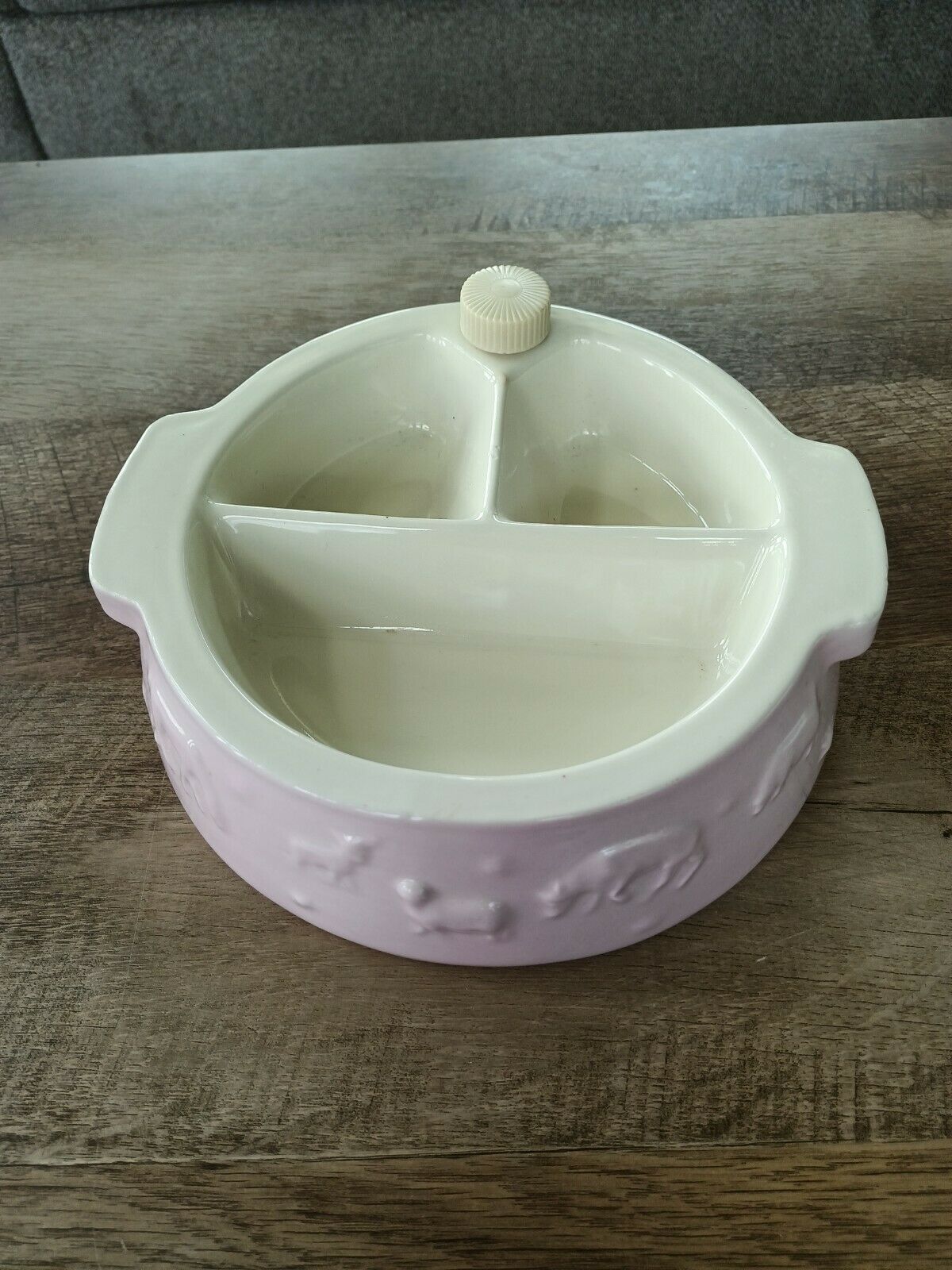 Vintage Divided Pink Child's Baby Warming Dish Bowl Stoneware Roly Poly