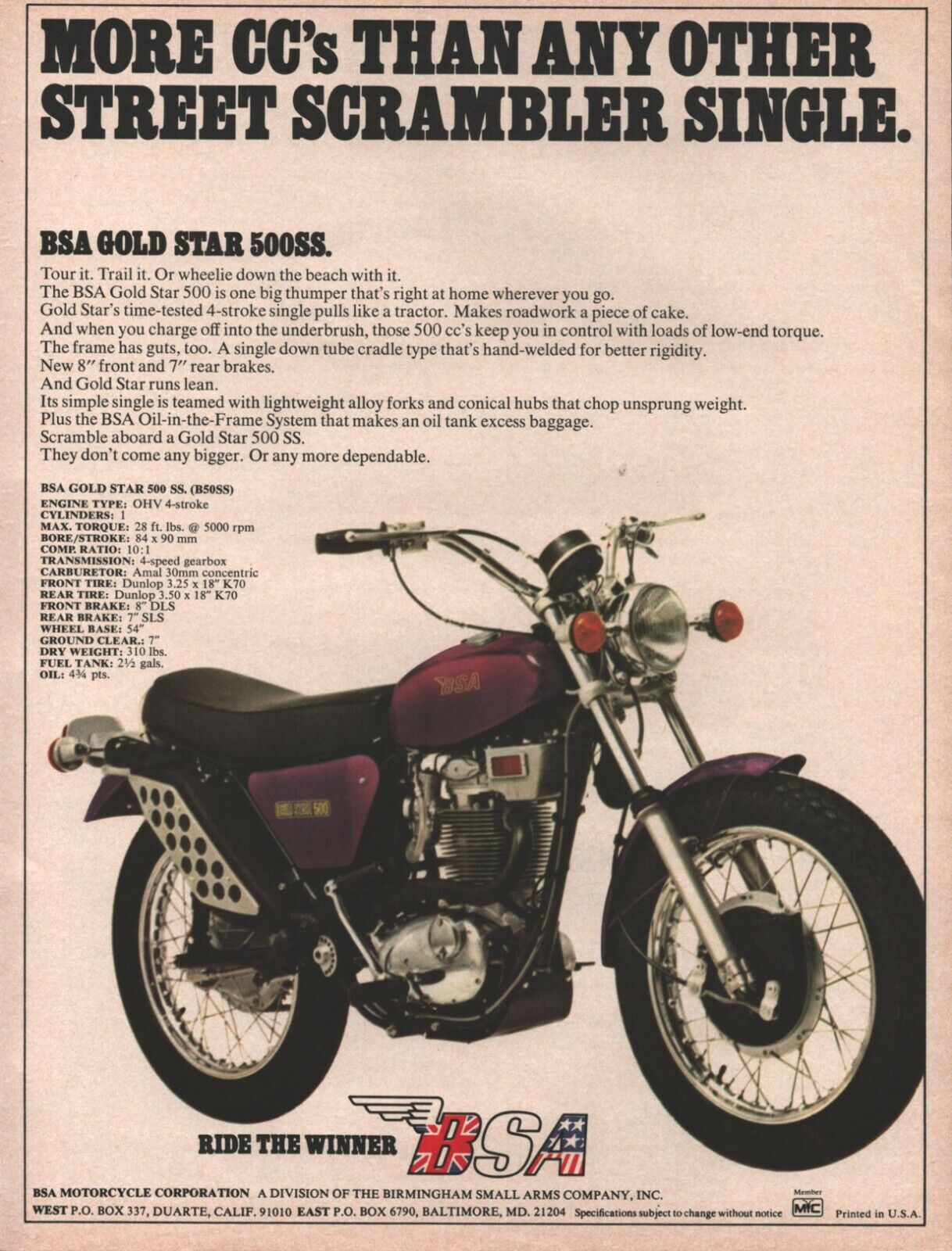 1972 BSA Gold Star 500SS - Vintage Motorcycle Ad