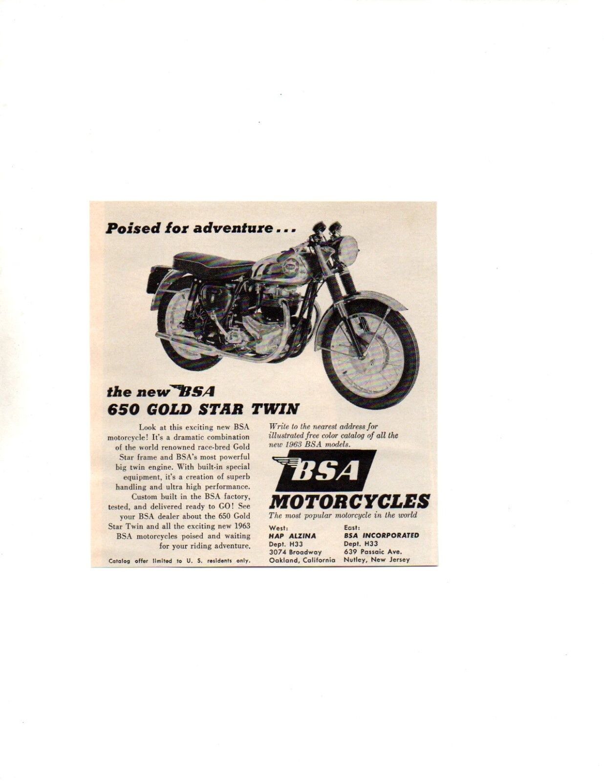 1963 BSA 650 GOLD STAR TWIN MOTORCYCLE  ~  ORIGINAL SMALLER PRINT AD