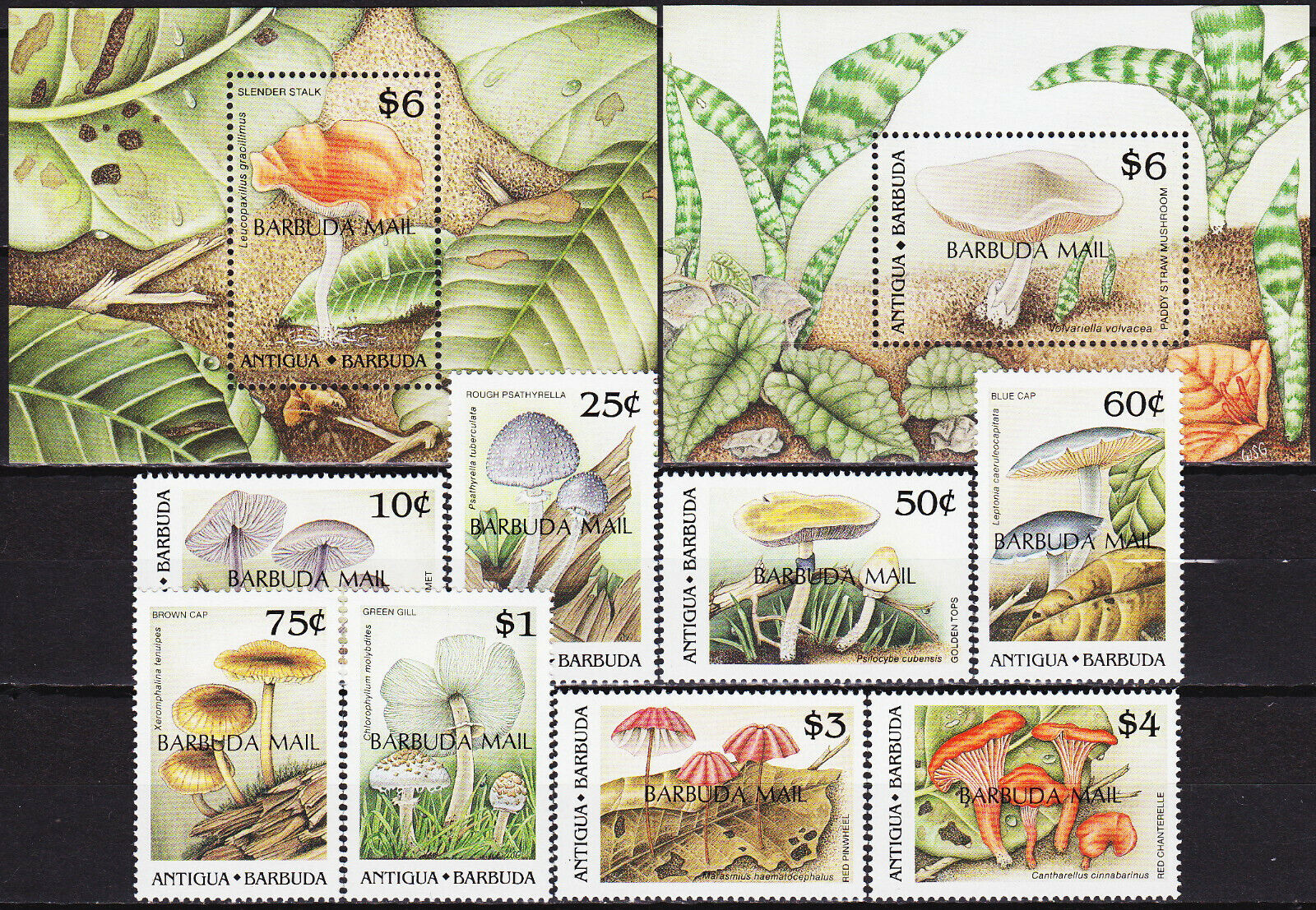 Barbuda Set & Both S/S Mushrooms O/P on Antigua 1989 MNH-90 Euro