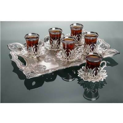 2019 Collection Tulip Design Silver Color Turkish Tea Set With Tray