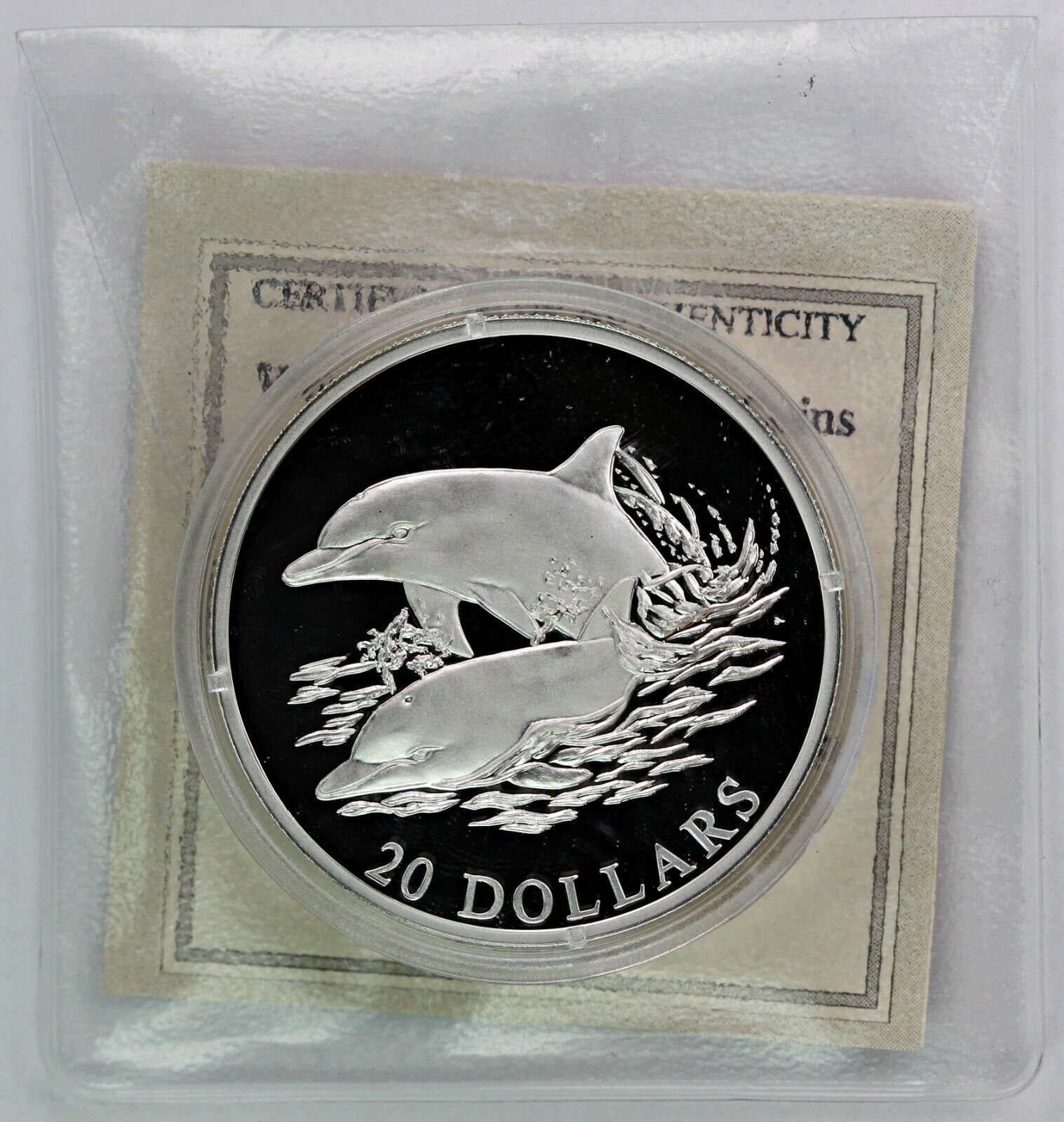 2001 American Mint $20 Liberia / Liberian 20g Proof Silver Coin - Dolphins