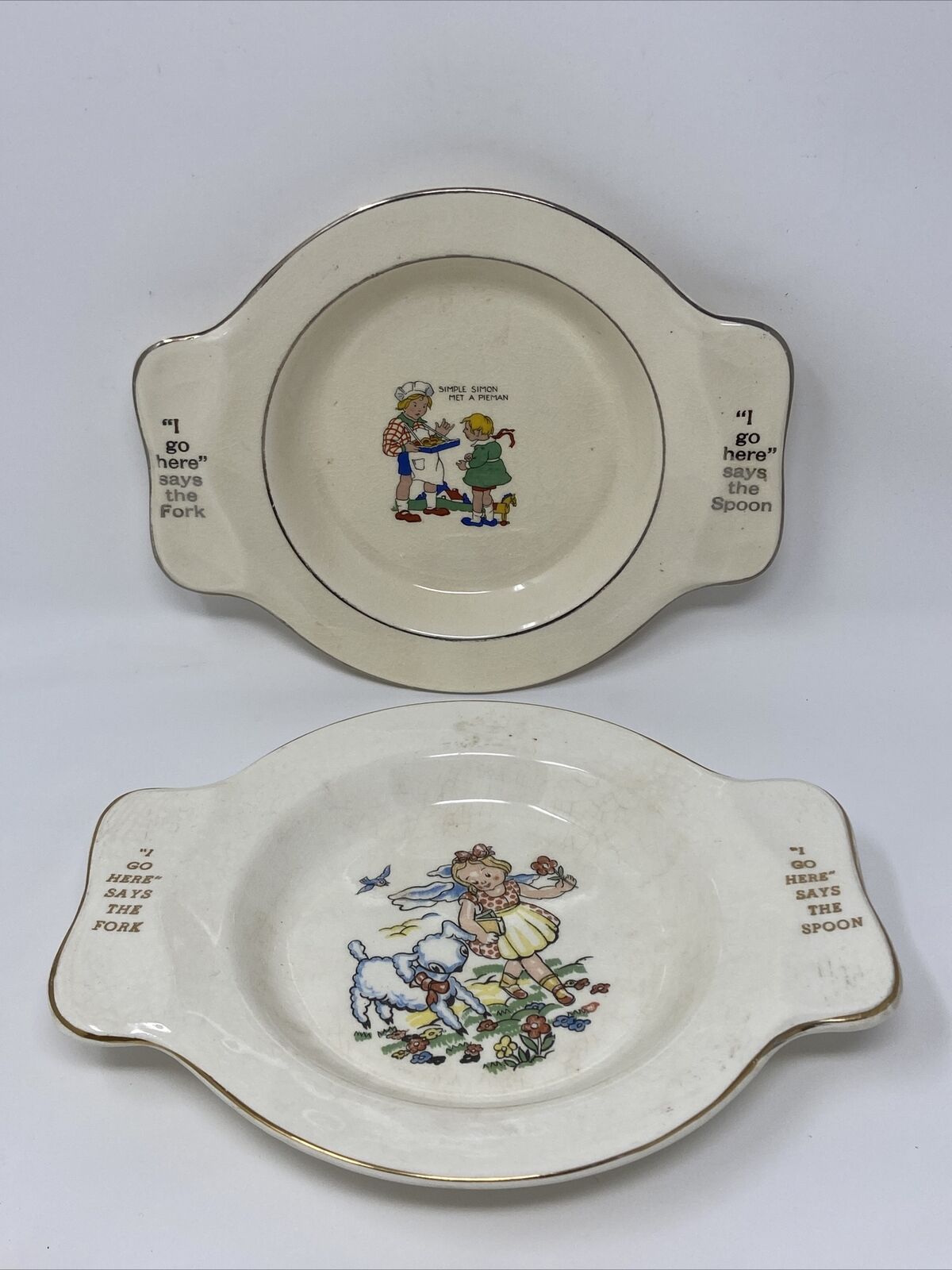Vintage Pair SOVEREIGN POTTERS Canada BABY DISHES Dinner Plates Nursery Rhyme