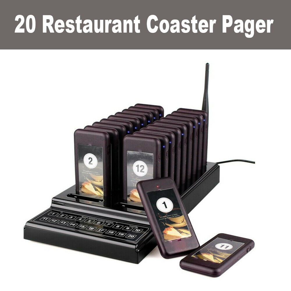 20ch Wireless Calling Paging System Keypad 1 Transmitter+20 Call Coaster Pagers