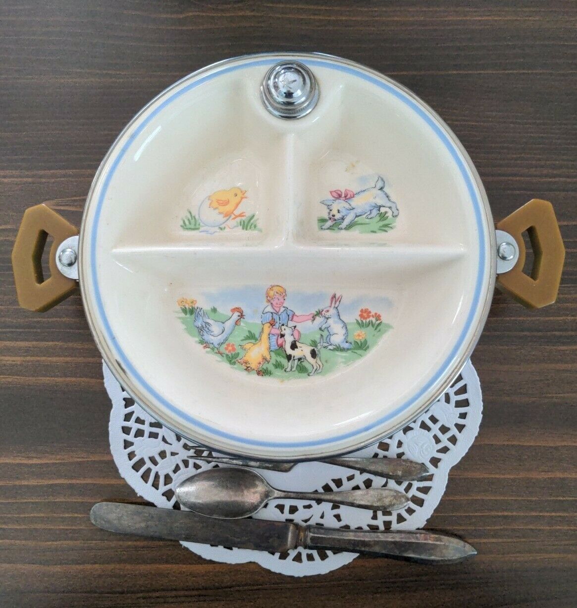 Vintage Bartsch Chromeplated Porcelain Warming Dish Little Boy Blue & Silverware