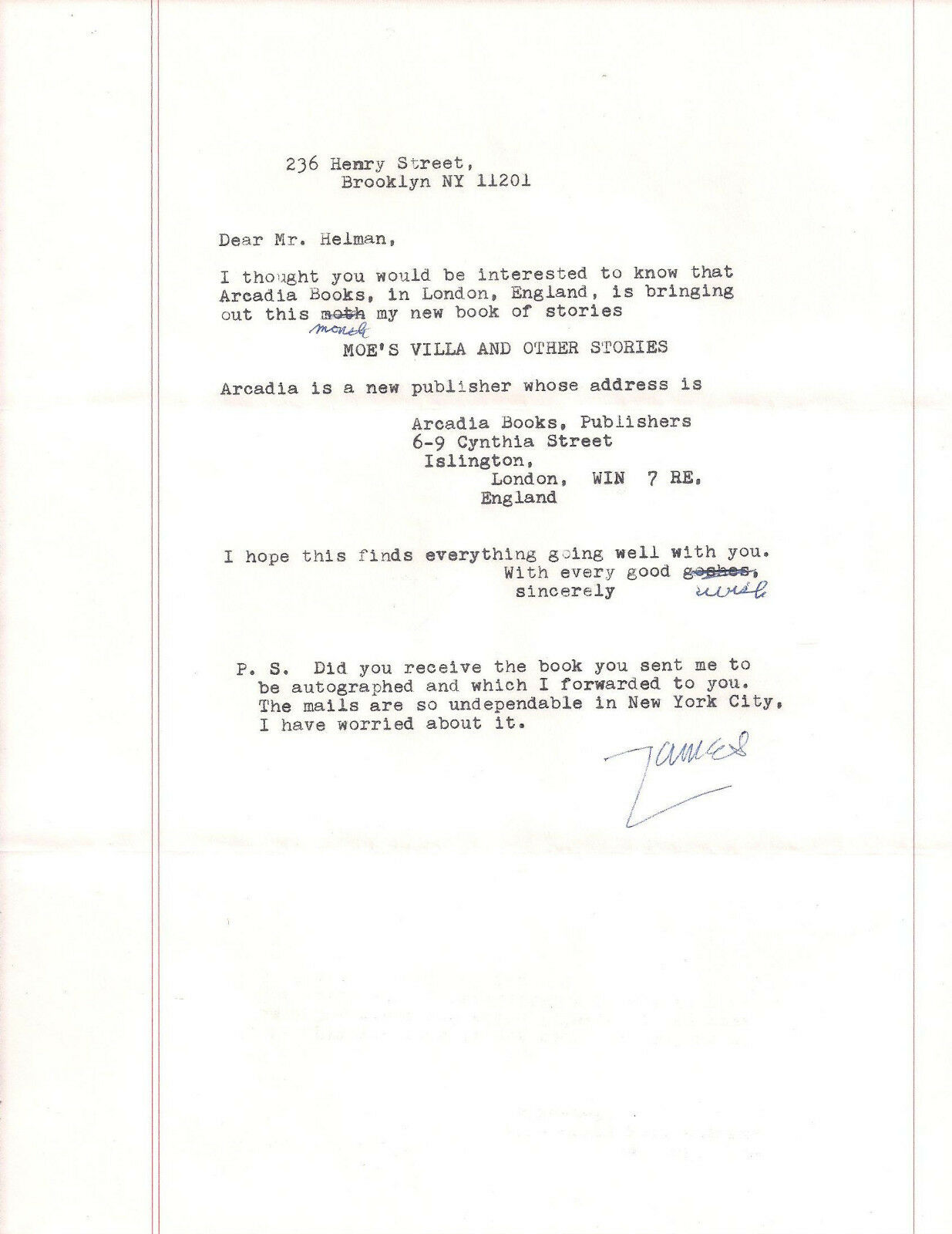 Author James Purdy Typed Signed Letter Re: "moes's Villa & Other Short Stories"