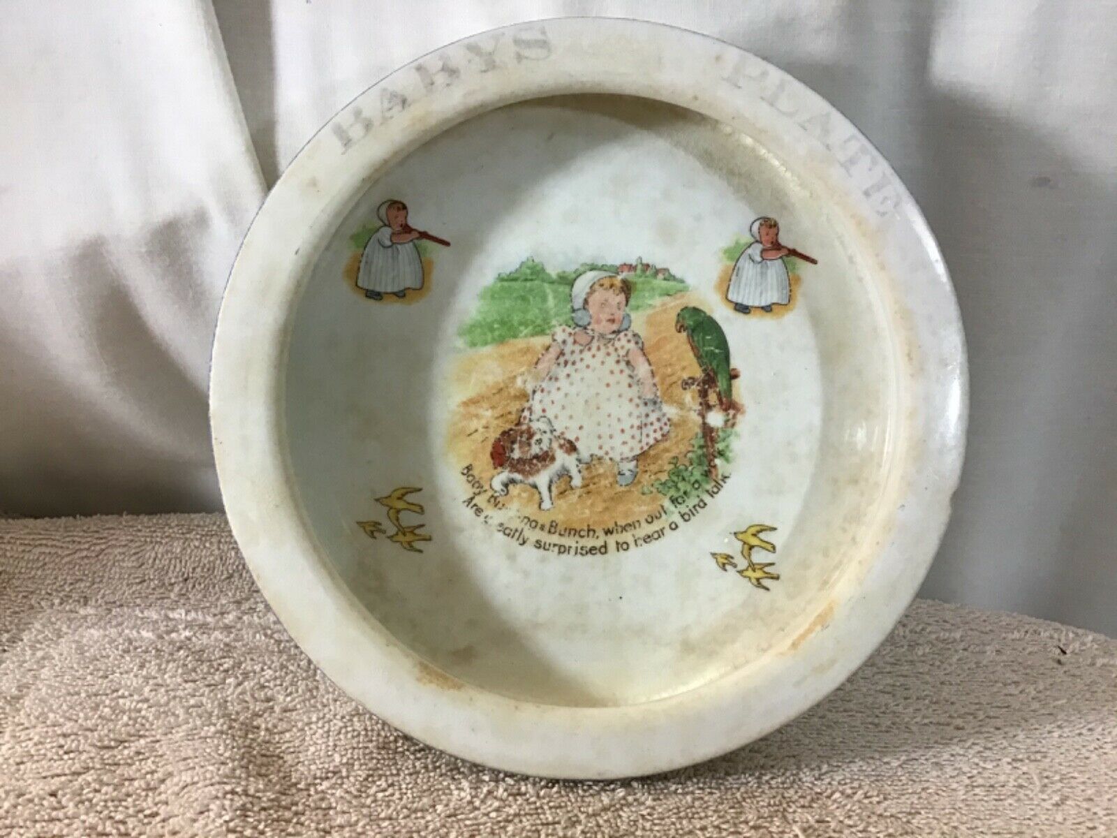 Vtg Collectible Babys Plate Pottery Feeding Dish Baby Out Walking Hear Birds