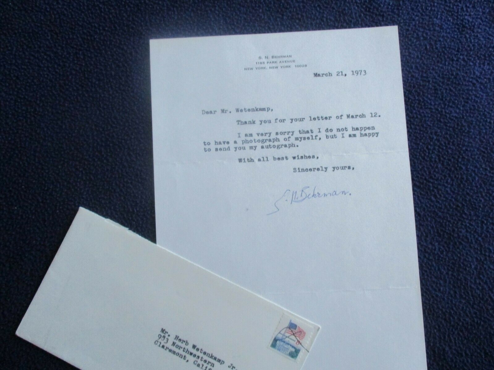 1973 Samuel Behrman (Playwright,screenwriter) Signed Park Avenue,N.Y. Letter