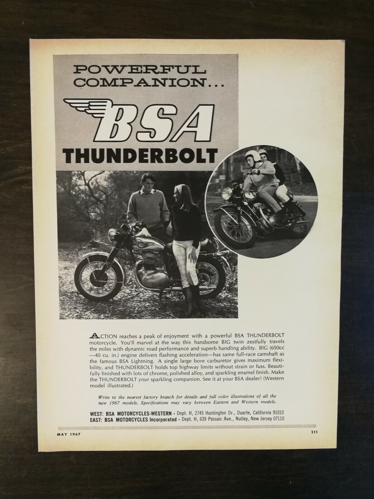 Vintage 1967 BSA Thunderbolt Motorcycle Full Page Original Ad