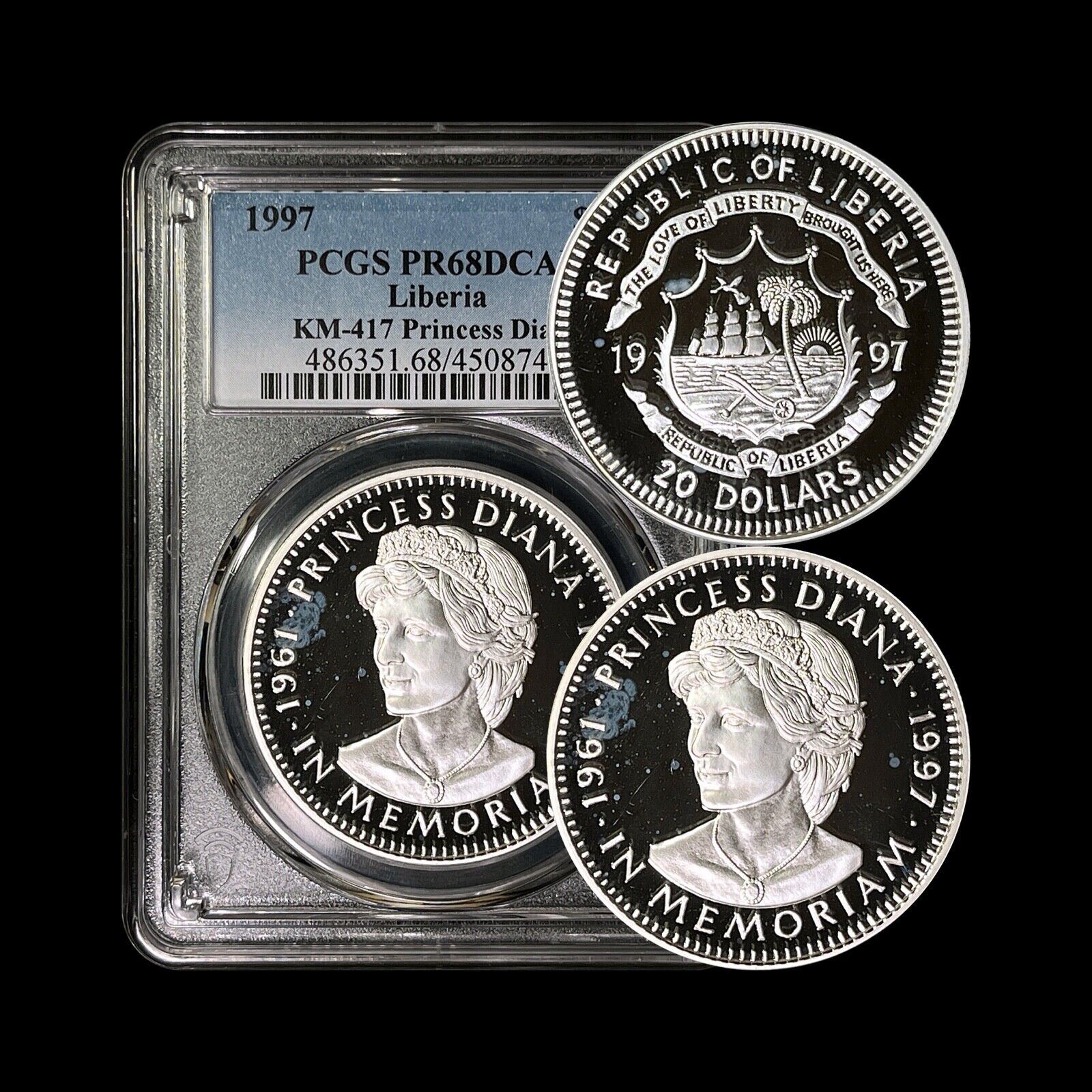 Liberia. 1997, 20 Dollars, Silver - Pcgs Pr68 - Top Pop 🥇 Princess Diana