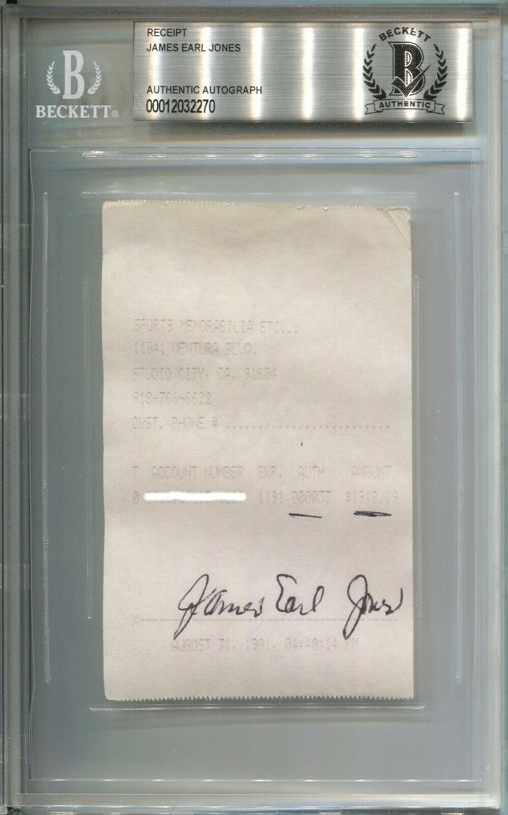 JAMES EARL JONES Vintage Signed Beckett Slabbed 1991 Receipt Field of Dreams BAS