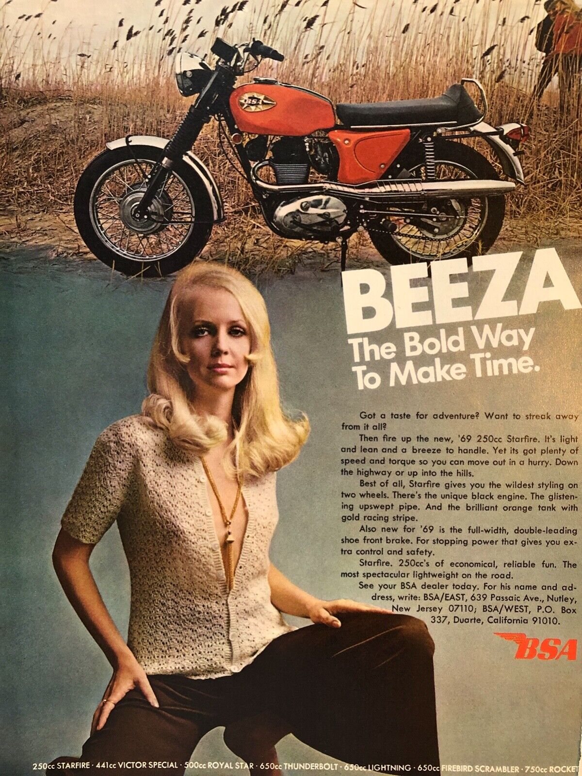 Vintage 1969 Sexy BSA motorcycle original color ad