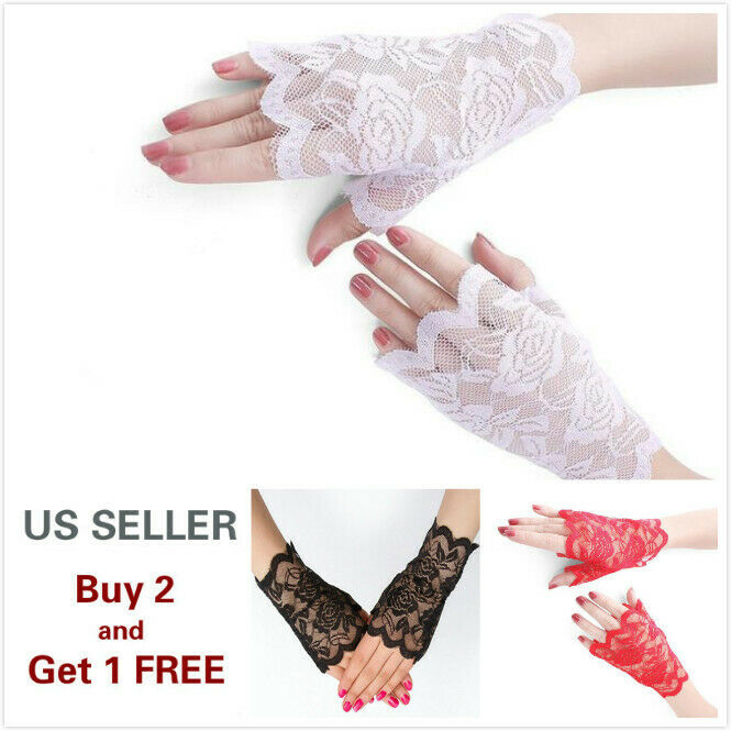 4 Colors Women Short Lace Floral Fingerless Gloves Gothic Bride Wedding Mittens