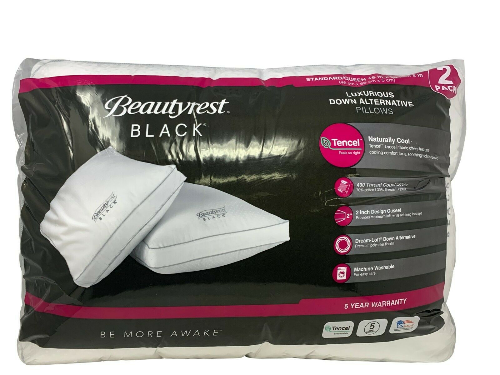 Beautyrest Black Luxurious Down Alternative Pillows 400 Thread Queen - 2 Pack